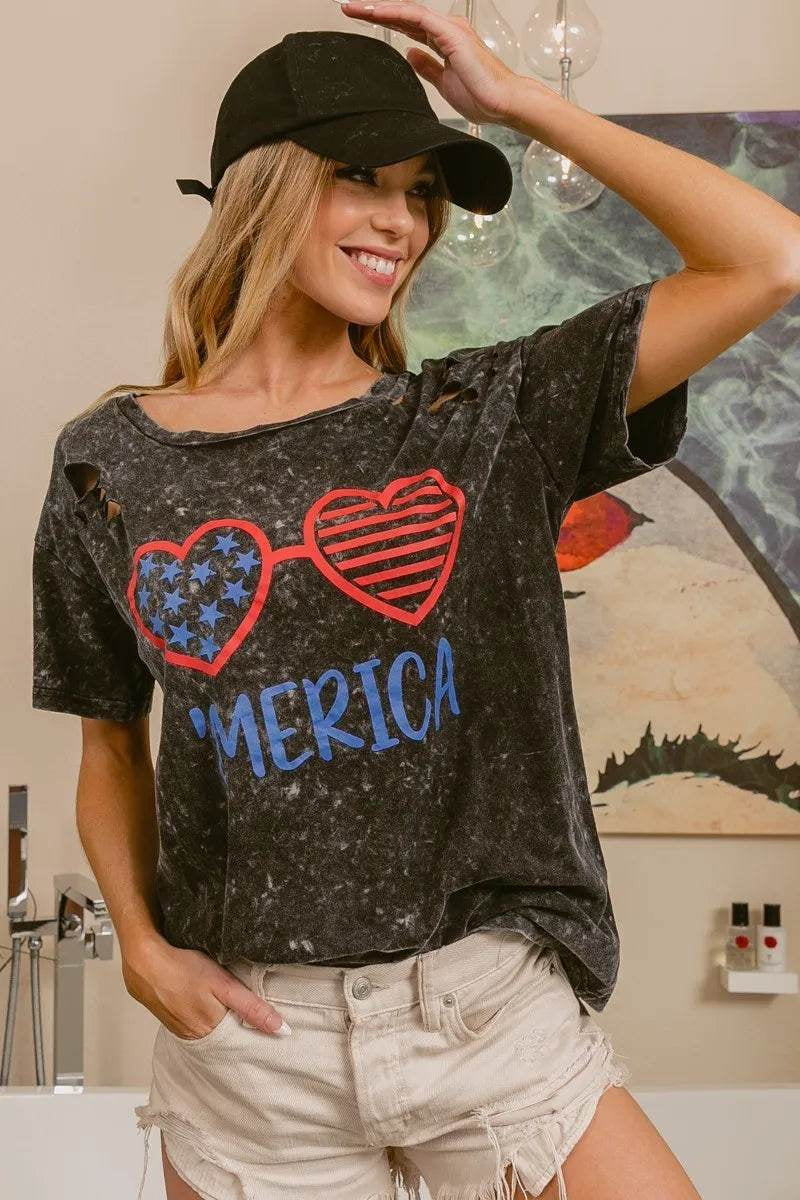 Bibi 4Th of July Theme Mineral Washed Laser Cut Top