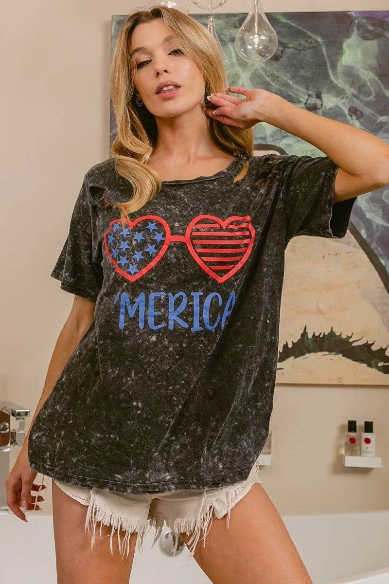 Bibi 4Th of July Theme Mineral Washed Laser Cut Top