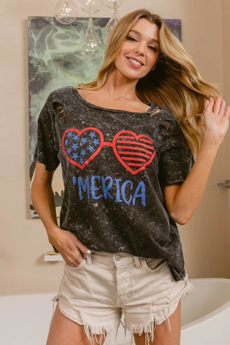 Bibi 4Th of July Theme Mineral Washed Laser Cut Top